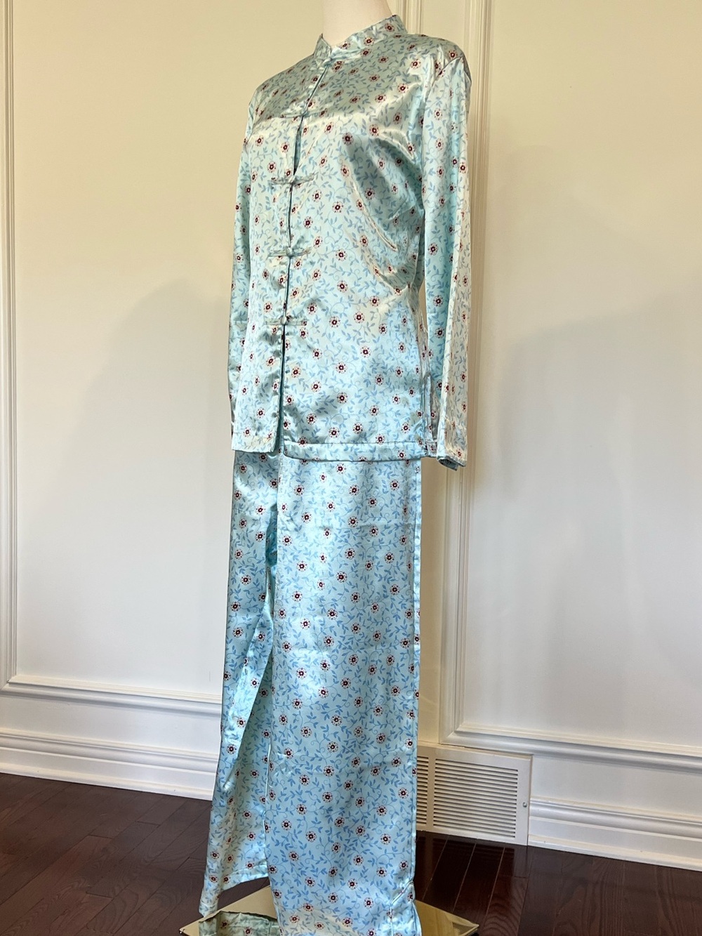 Vintage Y2K Ice Blue Satin Floral Frog Closure Mandarin Collar Pajama Set M - Picture 2 of 7